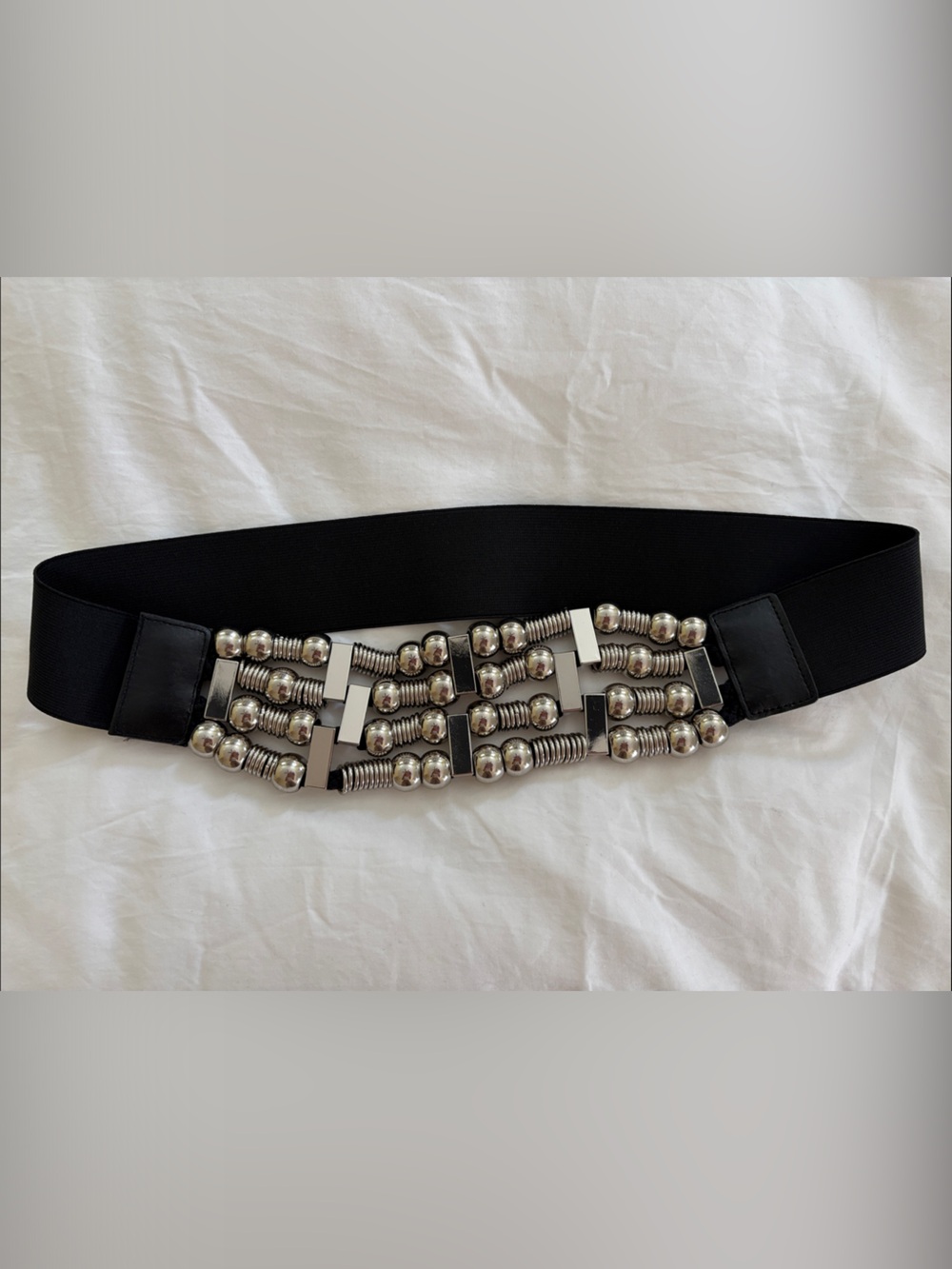 Via Spiga Black Elastic Waist Belt with Silver Bead Detailing - size medium